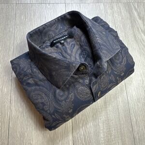 BOĠOSSE Shirt Men Size 6 XXL Paisley Woven Long Sleeve Button Down Blue 2XL‎